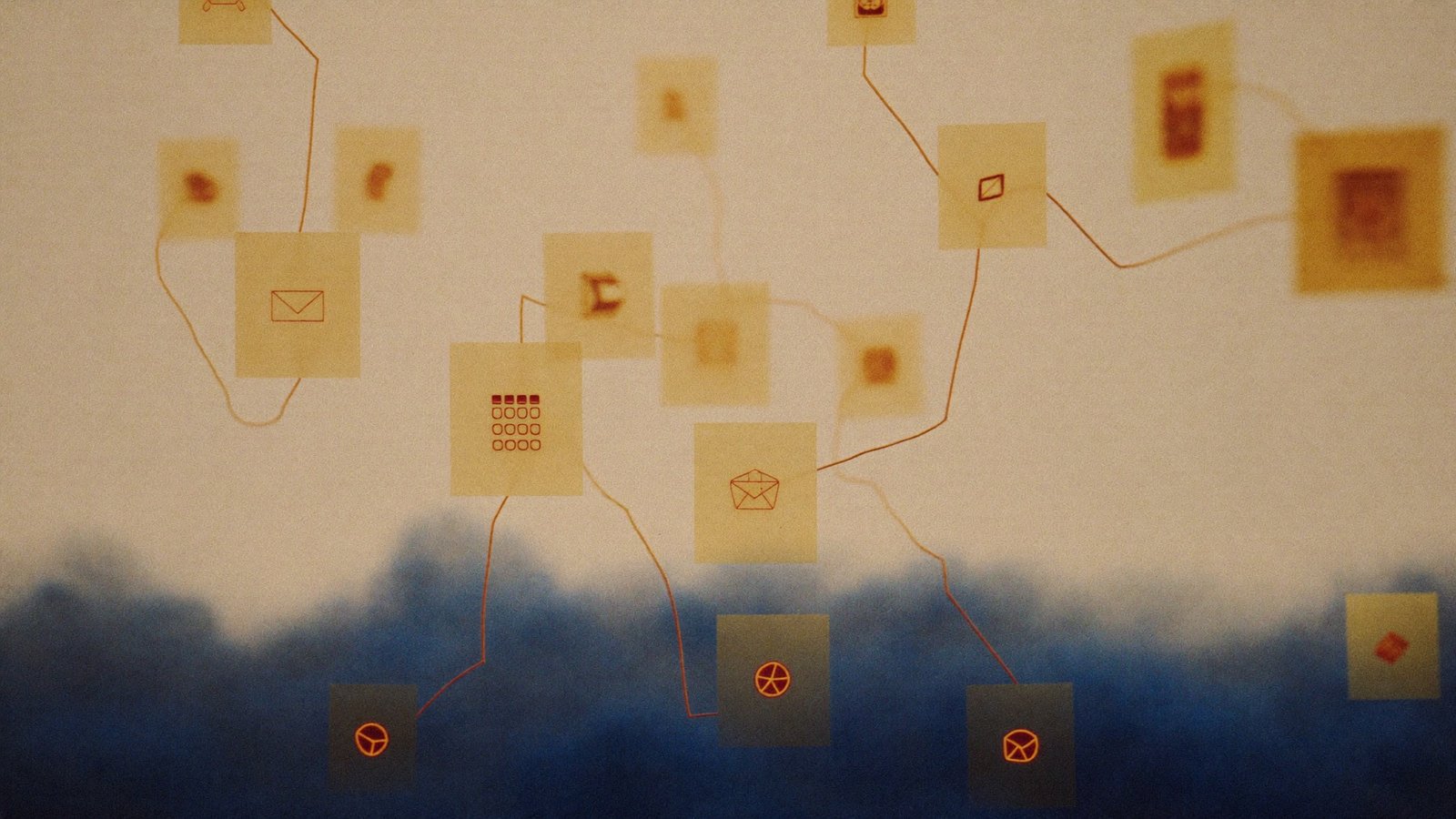 Editorial-Illustration von vernetzten KI-Workflows mit E-Mail- und Datenkarten